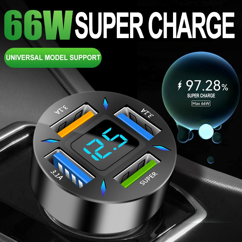 Universal Car USB Charger 66W QC3.0 Fast Charger 4 พอร์ต USB 12V 24V ชุดชาร์จในรถยนต์
