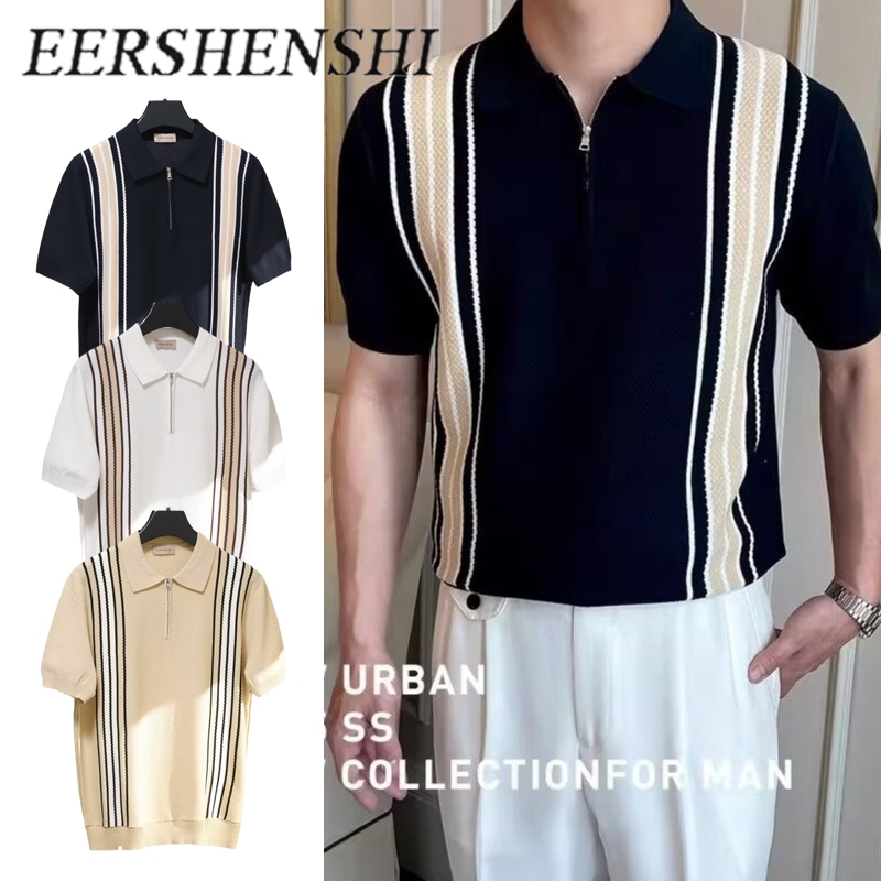 EERSHENSHI เสื้อโปโลถักลายทางแนวตั้งสำหรับผู้ชาย สวมใส่ลำลองในฤดูร้อน