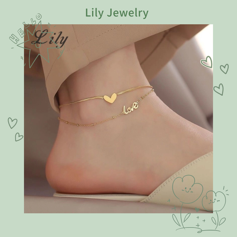 18k Gold-Plated Double-Layer Love สร้อยข้อเท้าหญิงแฟชั่น All-Match Simple รองเท้า