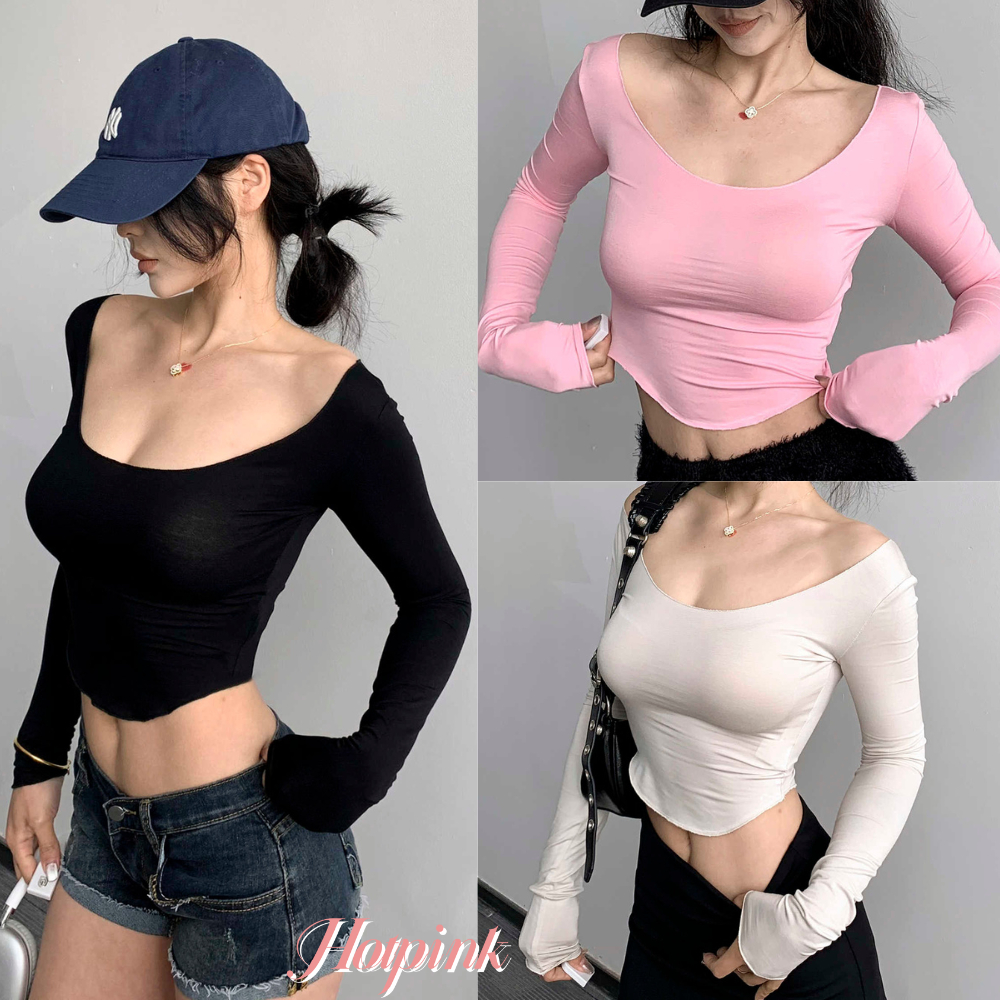 Hotpink ส่งจาก Bangkok  เสื้อยืดผู้หญิงคอวีแขนยาว ดีไซน์รัดรูปเซ็กซี่ กระชับสัดส่วนสวย ใส่ได้ทุกโอกาส
