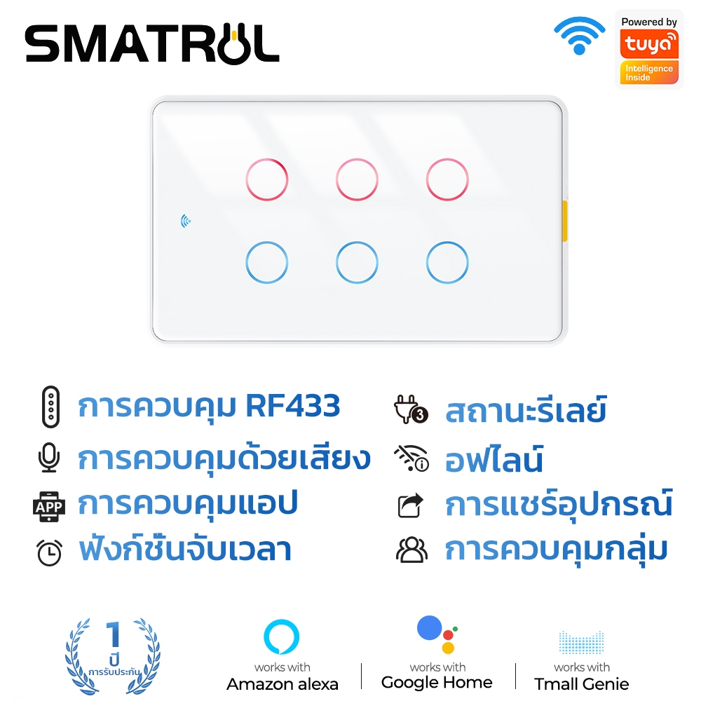 SMATRUL สวิตช์ไฟอัจฉริยะ WiFi สำหรับผนัง  หลอดไฟ รองรับ RF433MHz (ไม่ต้องใช้สายกลาง) รองรับแรงดันไฟฟ้า 110V-250V