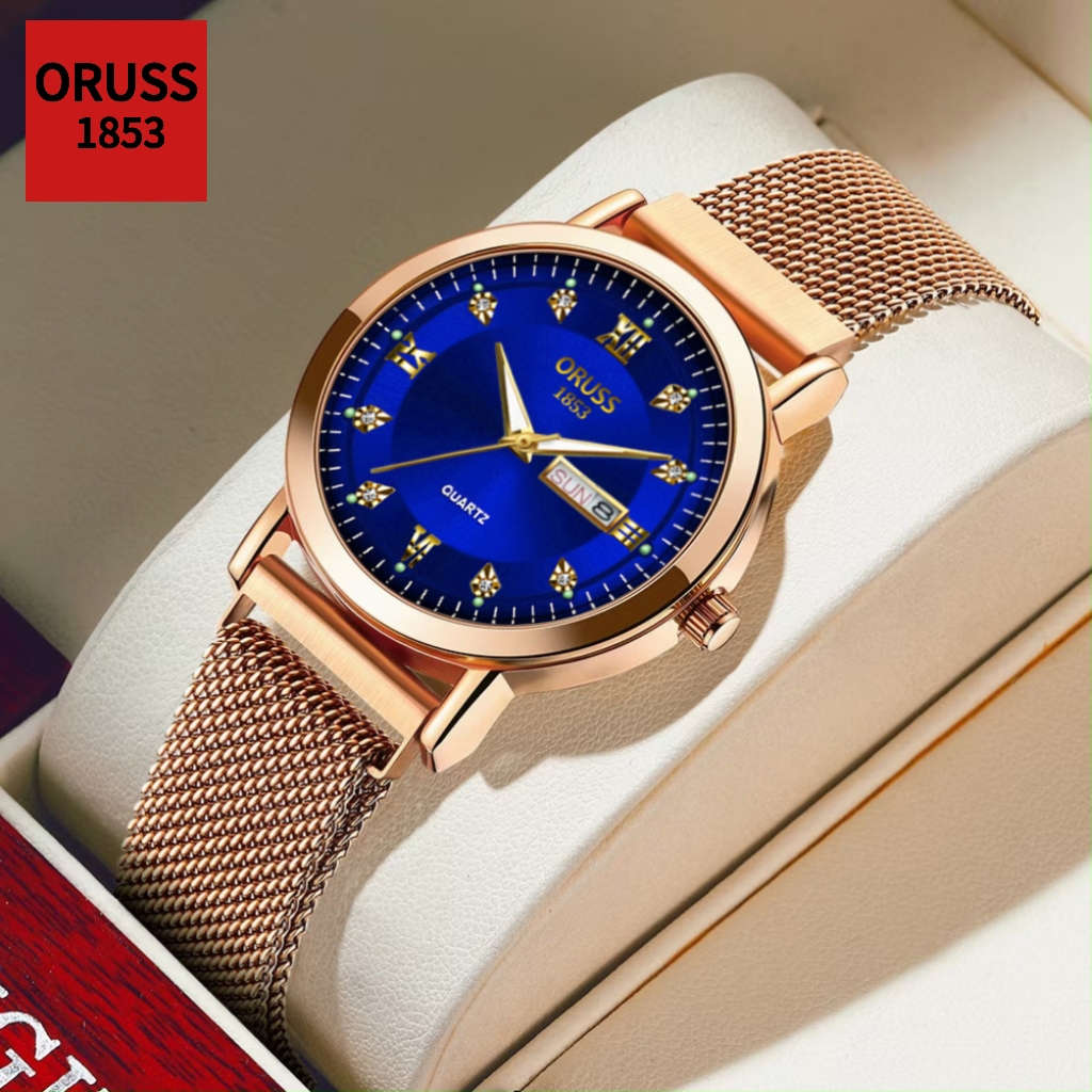 ORUSS รัส ต้นฉบับหญิงปฏิทินคู่แฟชั่นหรูหราสแตนเลสกันน้ําส่องสว่างนาฬิกาขนาดเล็กสายสุทธินาฬิกาข้อมือควอตซ์เกาหลี