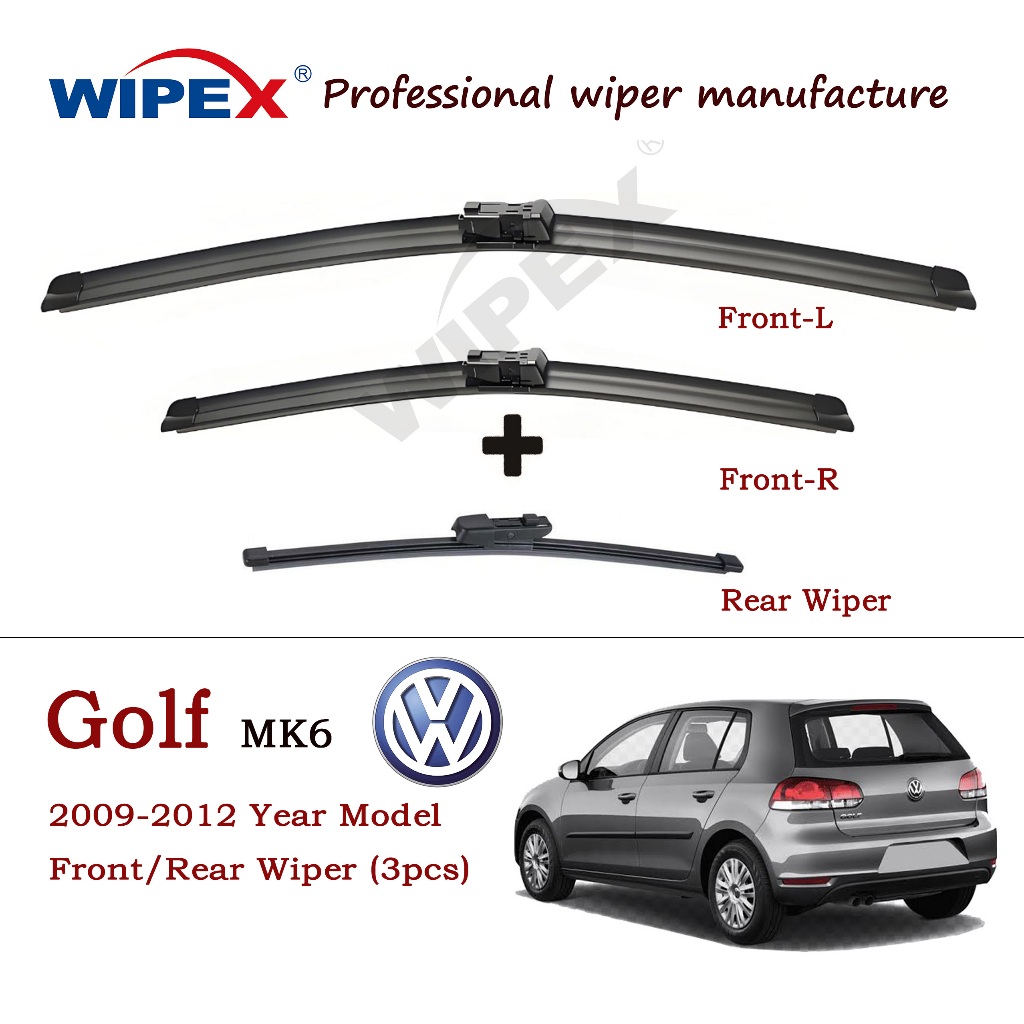 (ด้านหน้า/ด้านหลัง 3 ชิ้น) ใบปัดน้ําฝน VW GOLF MK6 Hatchback สําหรับ 2009 ถึง 2012 Volkswagen GOLF Car Window Wipers (กล้วยด้านหน้า/ด้านหลังเดิม) โดย Wipex Wixr