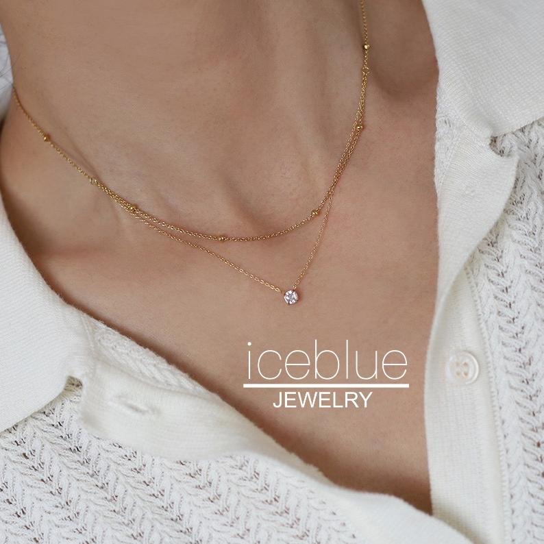 Iceblue-2 ชั้นเพชรลูกปัดทอง Layered สร้อยคอ 18K Gold Plated 316L สแตนเลสไทเทเนียมเหล็ก Hypoallergenic กันน้ํา Non Tarnish สร้อยคอสําหรับผู้หญิง N23