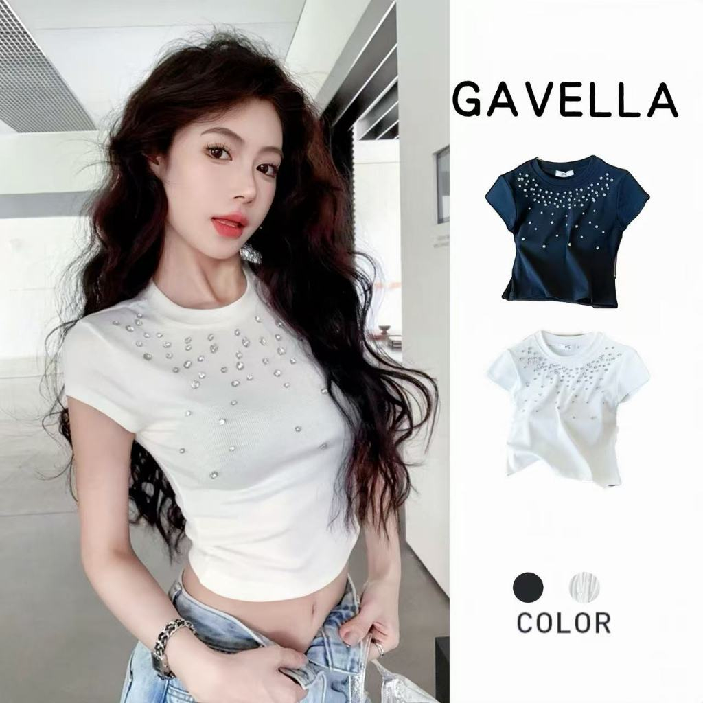 GAVELLA  เสื้อยืดแขนสั้น คอกลมประดับเพชร แขนสั้นรัดรูปเซกซี่  2สี ผ้ายืดรูปทรงสวย เเบบสุดฮิต