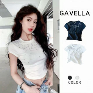 GAVELLA  เสื้อยืดแขนสั้น คอกลมประดับเพชร แขนสั้นรัดรูปเซกซี่…