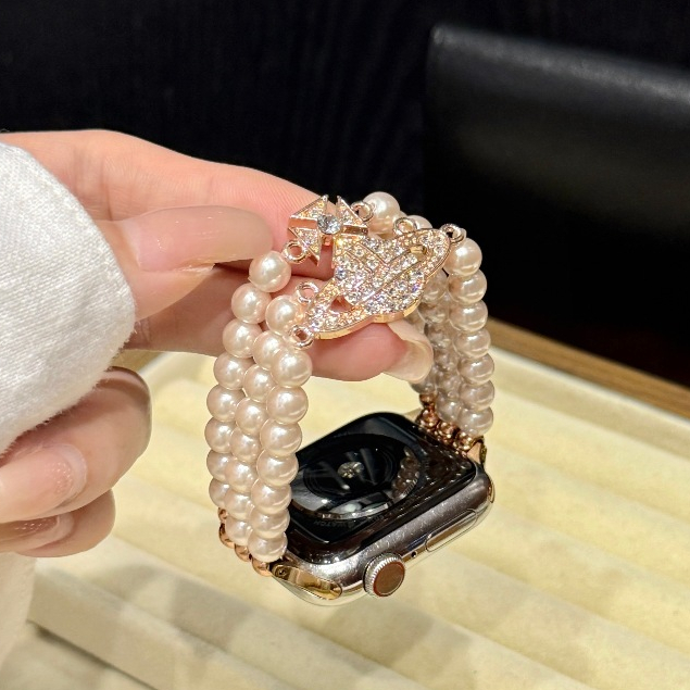 สายรัดยางยืดมุกสามแถวสําหรับ Apple Watch Ultra 46/44/40/49/45/41/42/38/45mm iwatch Series Ultra/10/9/8/7/6/5/4/3/2/1/SE