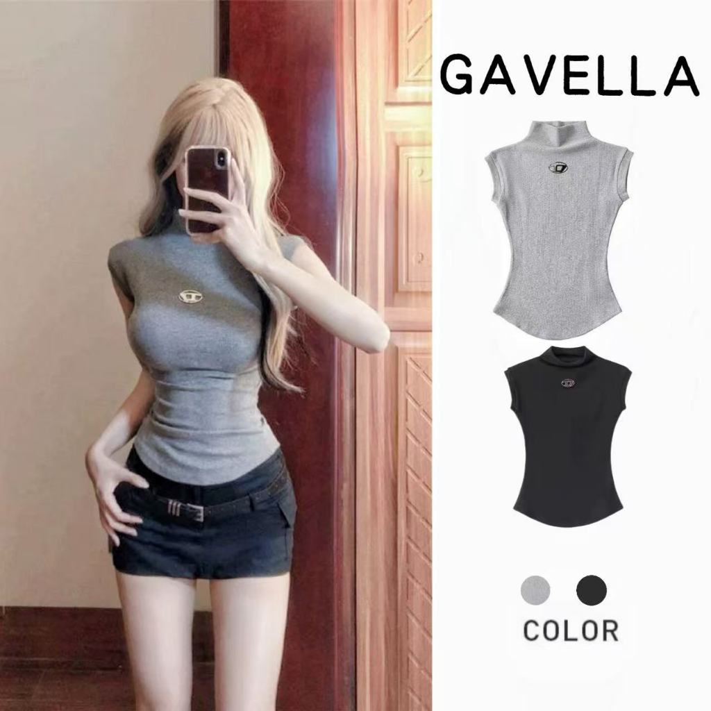 GAVELLA พร้อมส่ง  สาวร้อนสไตล์คอสูงแขนสั้นแขนสั้นแน่นเสื้อยืดผู้หญิงฤดูร้อน พรางแขนให้ดูเพรียว