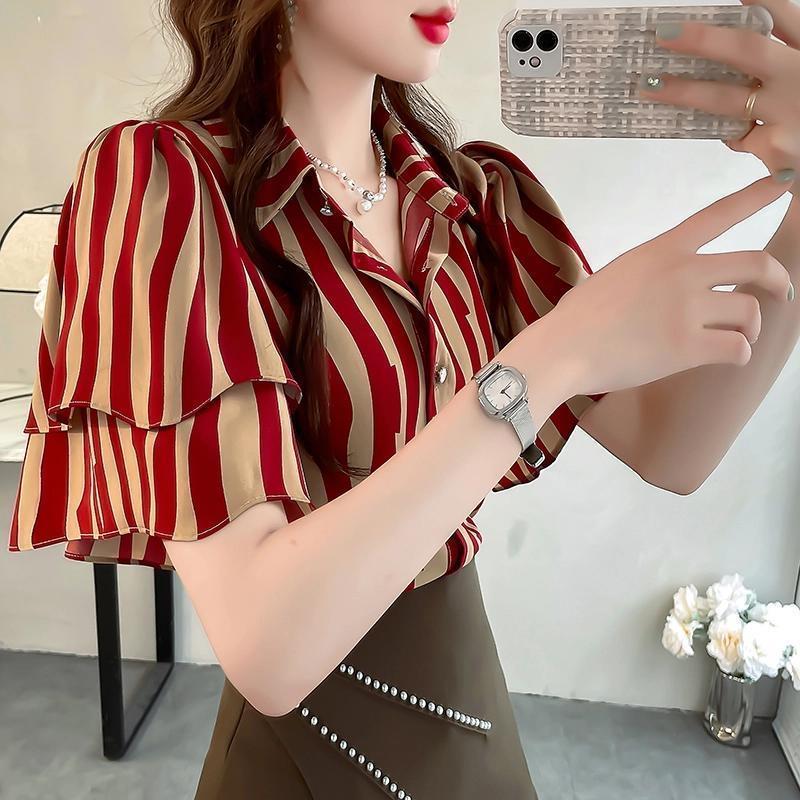 เสื้อชีฟองลายทาง แขนสั้น สำหรับผู้หญิง ทรงหลวม ลำลอง ฤดูร้อน เสื้อเบลาส์คอปกอเนกประสงค์ เสื้อย้อนยุค แฟชั่น เสื้อผ้าผู้หญิง มาใหม่