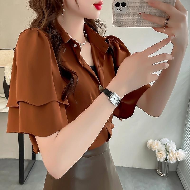 เสื้อชีฟองแขนสั้นสีทึบสไตล์ใหม่สำหรับฤดูร้อน ดีไซน์คลายยุคและแฟชั่นผู้หญิง – โปรปัง