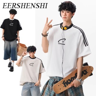 EERSHENSHI เสื้อยืดชาย ย้อนยุคอเมริกัน แถบสามแถบ ทรงหลวม เรี…
