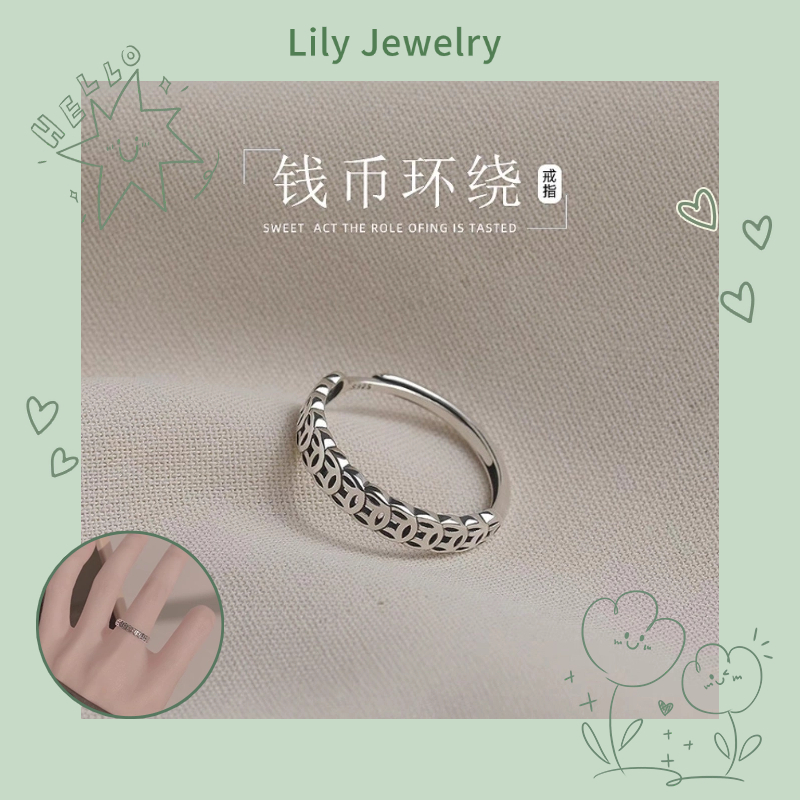 ย้อนยุคเงิน-ฟอร์จูนโชคดีแหวนหญิงออกแบบเฉพาะเปิดที่เรียบง่ายปรับ