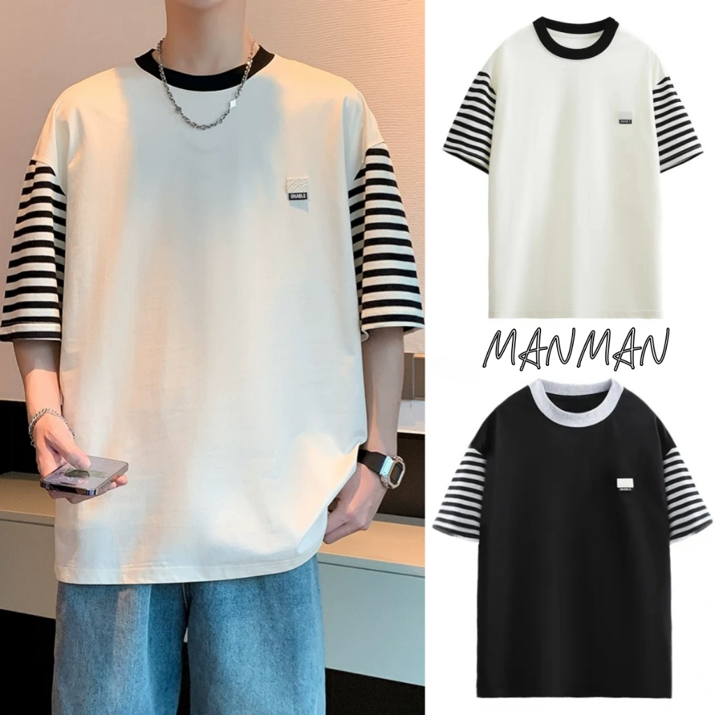M＆M เสื้อยืดแขนสั้น คอกลม แขนเสื้อลายทาง เรียบง่ายแมทช์ง่าย ทรงหลวมระบายอากาศ