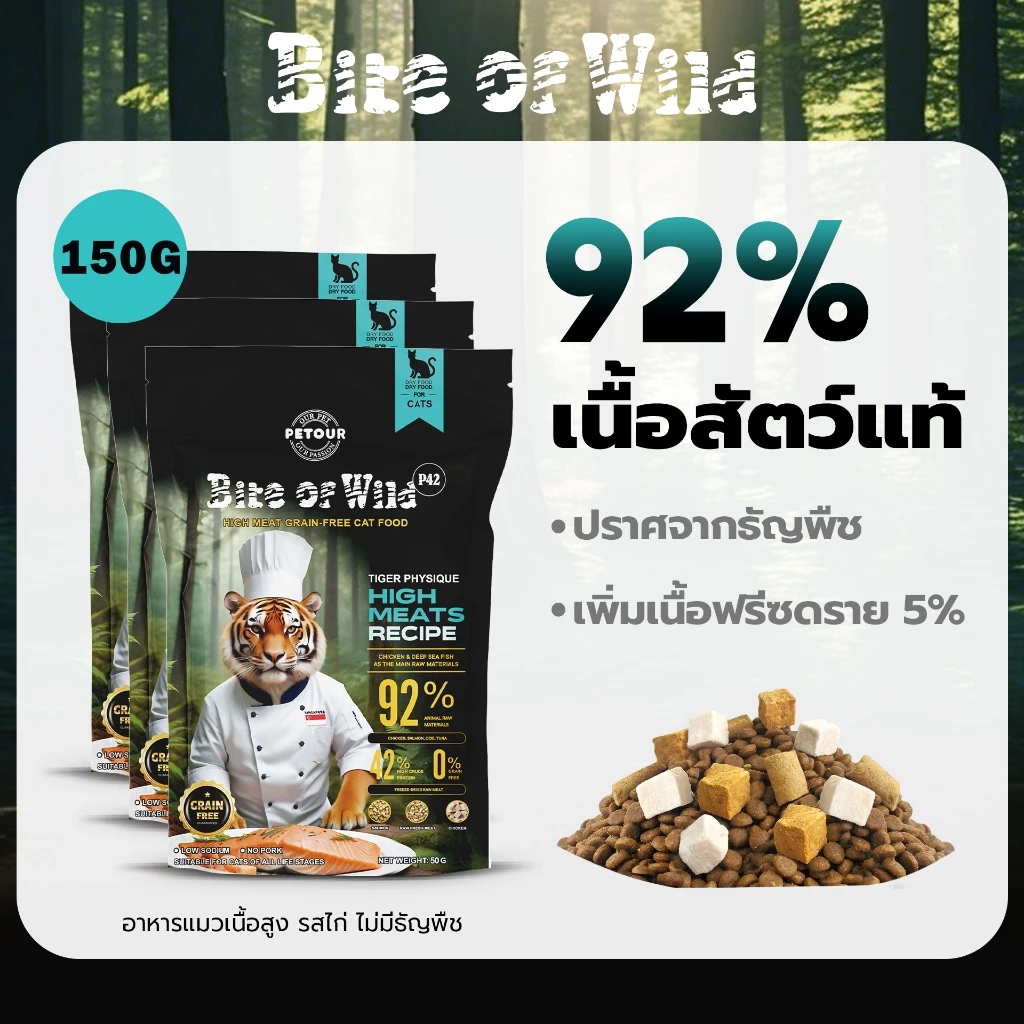 LIVE Bite of Wild อาหารแมว P42 150g. กิโลกรัม ควบคุมโซเดียม ปริมาณเนื้อสัตว์ 92% โปรตีน 42% อาหารเม็ดผสมฟรีซดราย 3 ชนิด ได้แก่ เนื้อไก่ ปลาแซลมอน ตับและหัวใจไก่ ไม่มีธัญพืช เหมาะสำหรับทุกช่วงวัย