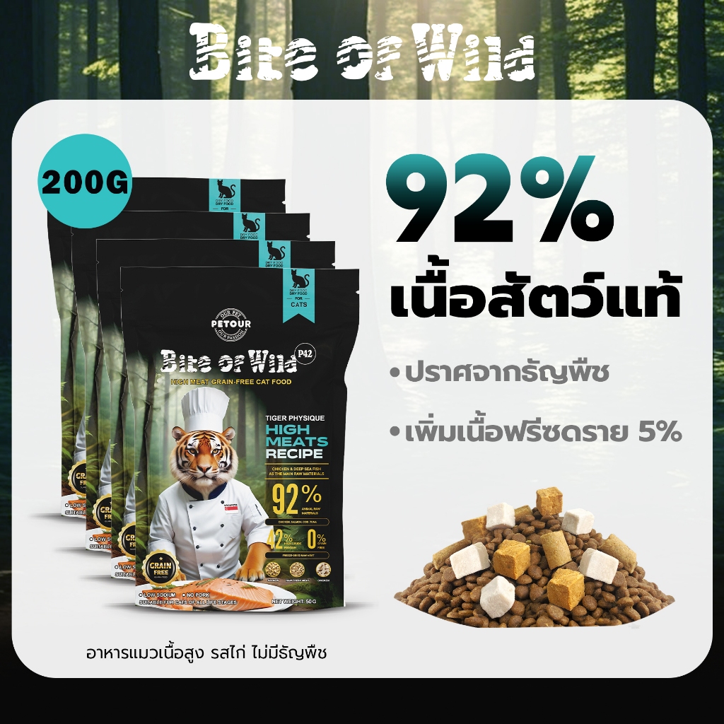 LIVE Bite of Wild P42 อาหารแมว Holistic 200g. กิโลกรัม ควบคุมโซเดียม ปริมาณเนื้อสัตว์ 92% โปรตีน 42% อาหารเม็ดผสมฟรีซดราย 3 ชนิด ได้แก่ เนื้อไก่ ปลาแซลมอน ตับและหัวใจไก่ ไม่มีธัญพืช เหมาะสำหรับทุกช่วงวัย