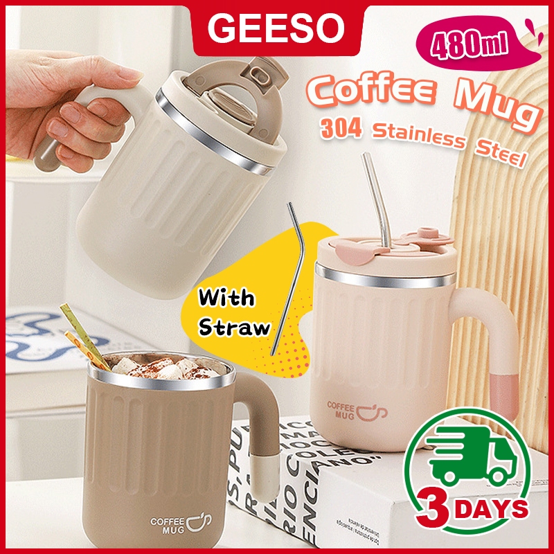 GEESO แก้วกาแฟสแตนเลสพร้อมฝาครอบ 480ml แก้วกาแฟฟางร้อนเย็น Leakproof Tumbler 马克 ถ้วย