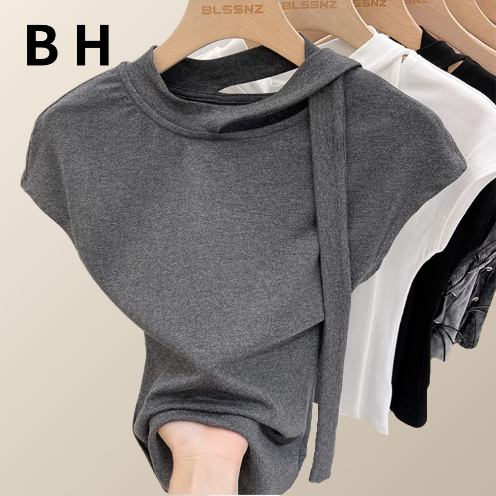 ขเสื้อยืดแขนสั้นโมดอลสําหรับฤดูร้อนสําหรับผู้หญิงสไตล์ฝรั่งเศสคอกลมแต่งระบายพริ้วเข้ารูป