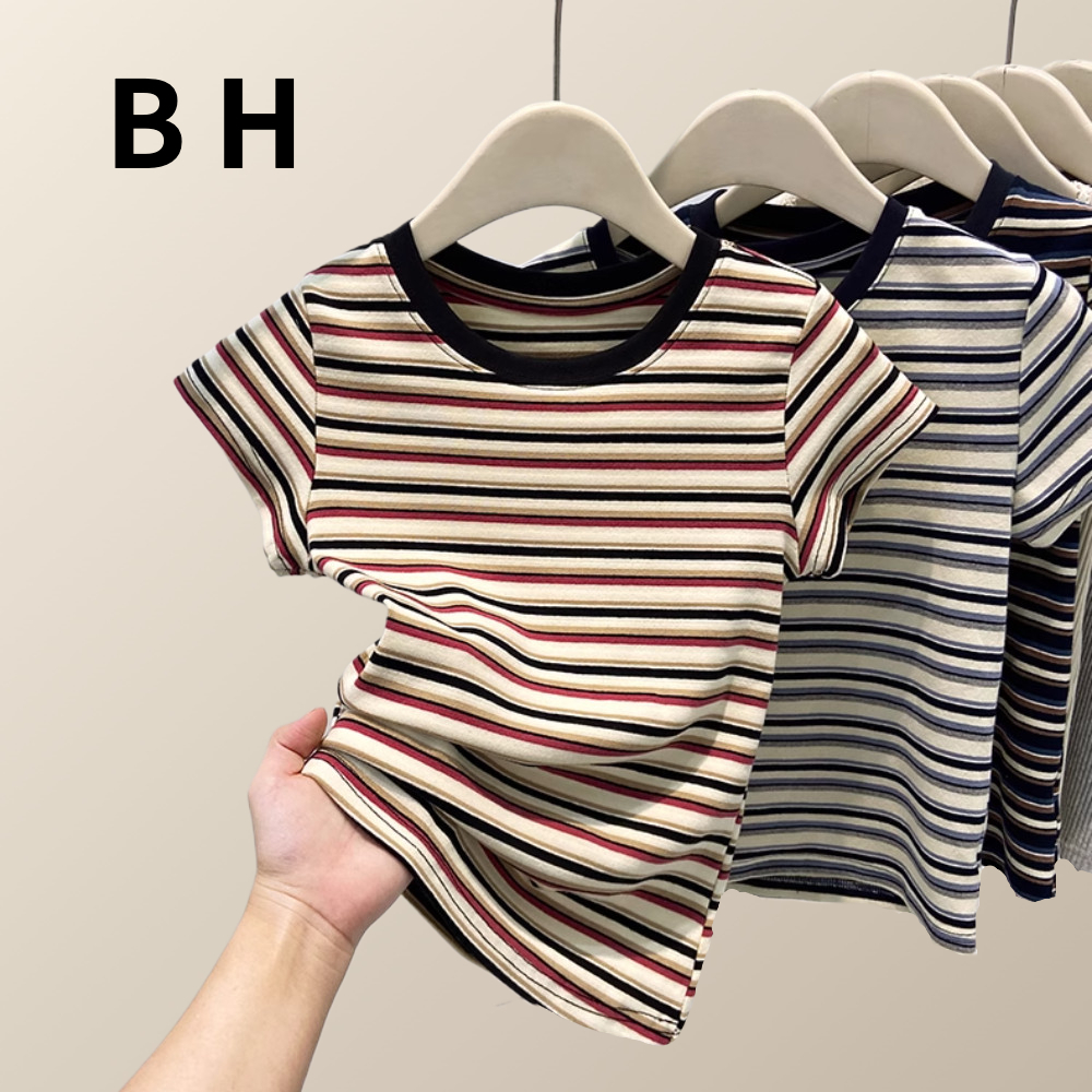 BH ฤดูร้อนผู้หญิงสี-Contrast ลายผ้าฝ้ายนุ่มแขนสั้นเสื้อยืดไหล่ปิดสำหรับ