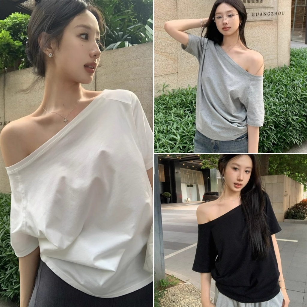 Luna Shop พร้อมส่ง เสื้อยืดแฟชั่นผู้หญิง เสื้อยืดโชว์ไหล่  สีพื้น ดีไซน์เก๋ไก้และเซ็กซี่ แฟชั่นสไตล์เกาหลี