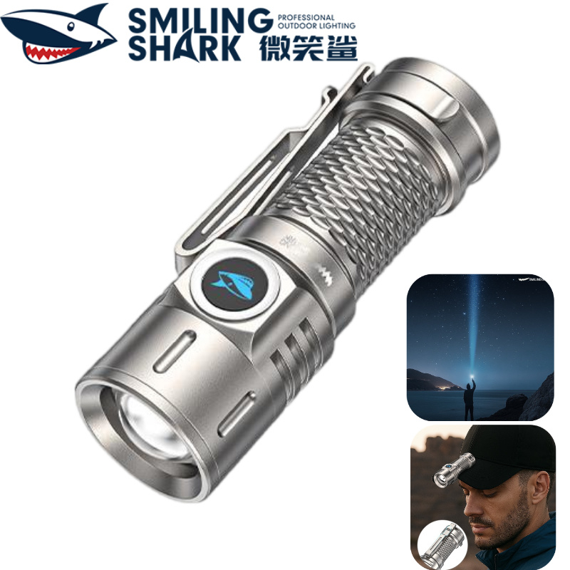 SMILING SHARK SD5377 LED ไฟฉายขนาดเล็ก Super Bright M80 6000LM 4 โหมด Type-c ชาร์จไฟฉายขนาดเล็กพร้อมคลิปกันน้ํากลางแจ้ง
