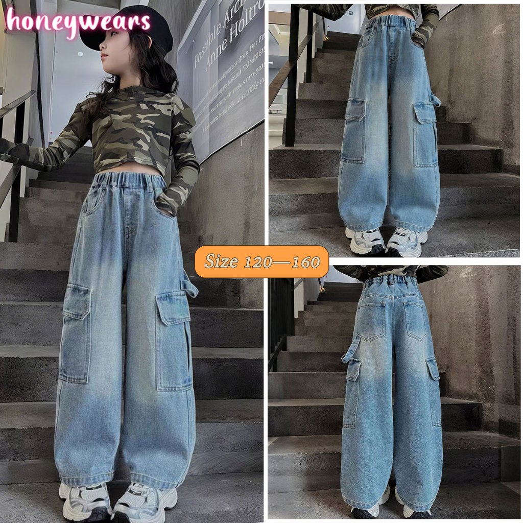 honeywears พร้อมส่ง กางเกงเด็กผู้หญิง กางเกงยีนส์เด็กแฟชั่น คาร์โก้ขากว้าง ขายาวลำลอง ทรงเท่ส์ ไซส์ 110-160