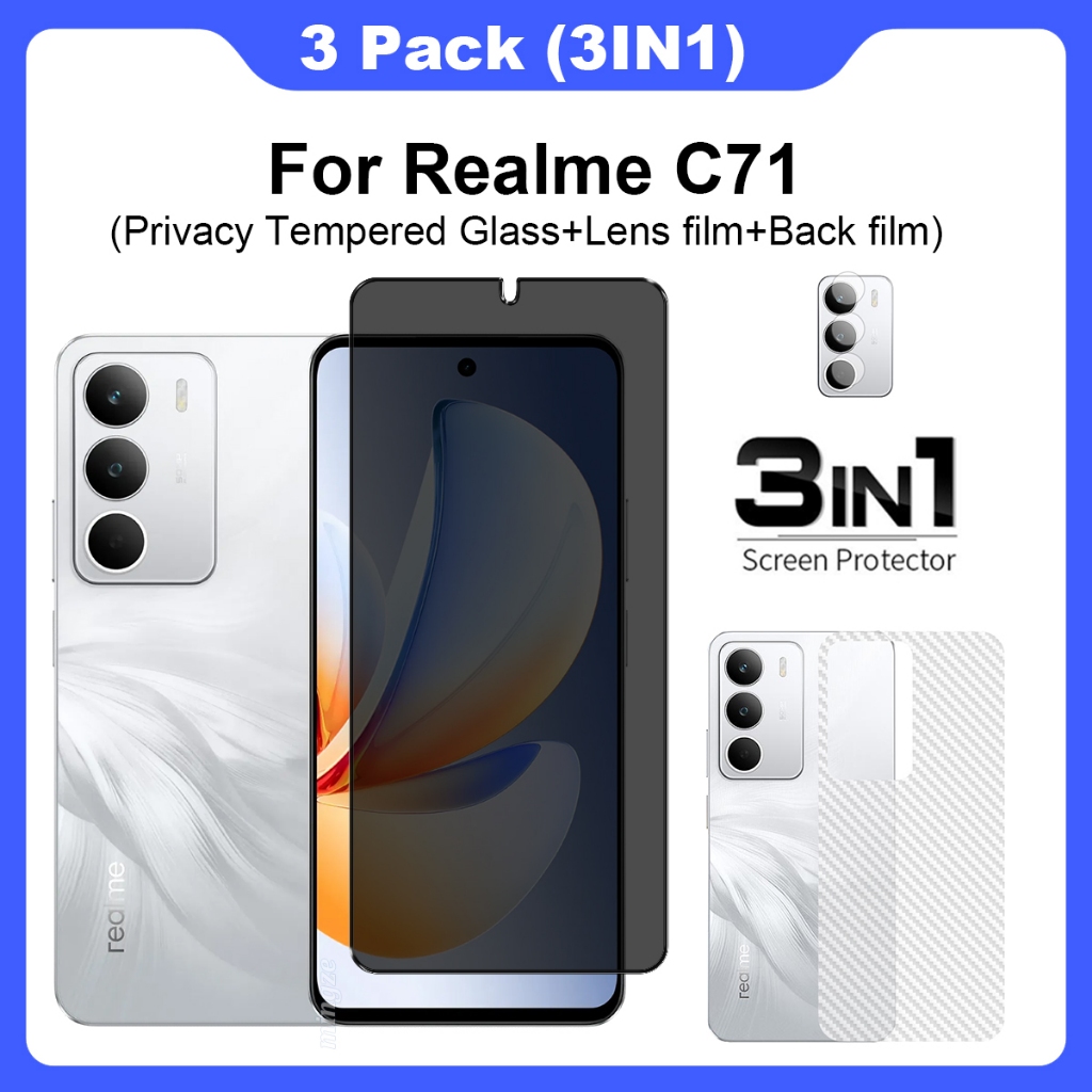 3 in 1 Matte Privacy Glass สําหรับ Realme C71 ฟิล์มป้องกันหน้าจอ Anti Scratch ฟิล์มกระจกนิรภัย + ฟิล์มด้านหลัง + ฟิล์มเลนส์กล้อง