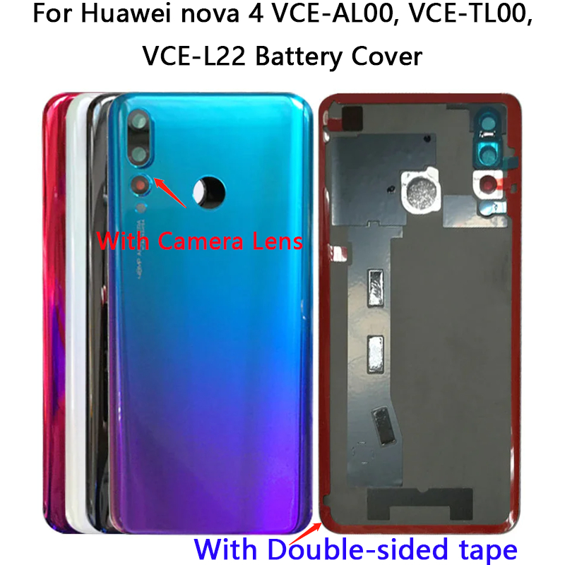 ด้านหลังสําหรับ HUAWEi Nova 4 VCE-AL00, VCE-TL00, VCE-L22 ฝาหลังแบตเตอรี่ด้านหลังประตูกรณีเลนส์ประกอ