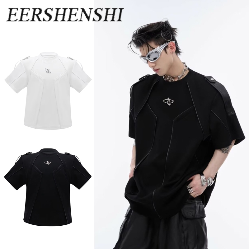 EERSHENSHI เเสื้อยืดชายสไตล์อเมริกันย้อนยุคฤดูร้อนใหม่ ดีไซน์ลายปะติดปะต่อ