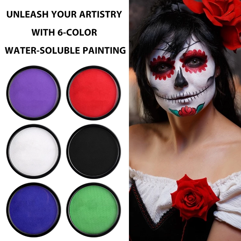 VERONNI 6 สี 30g Face Paint Body Paint สีน้ำสำหรับเด็กและผู้ใหญ่ปลอดภัยแต่งหน้าสีเดียว ชุดขาวดำเพ้นท์หน้าฮาโลวี