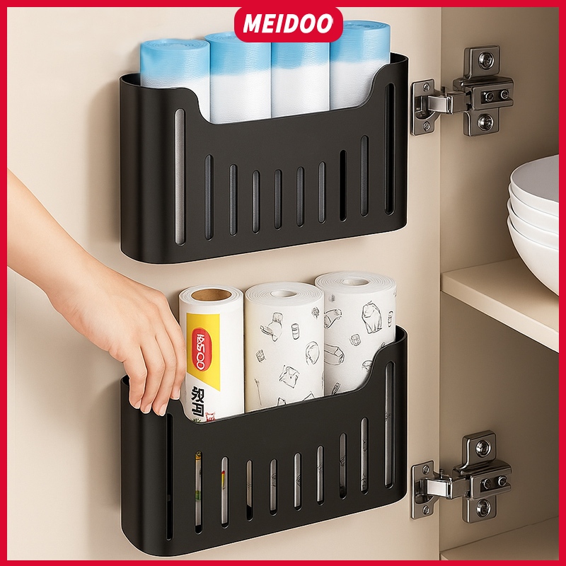 MEIDOO ชั้นเก็บของในครัว ติดผนังพลาสติก ขาตั้งถุงขยะ ห้องครัวยึดชั้นวางฟิล์ม ชั้นเก็บของแบบไม่เจาะรู