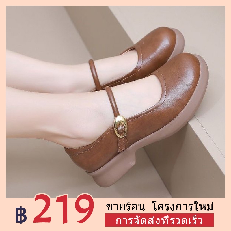 <48 ชั่วโมง การจัดส่ง>Size 35-42 รอบ Toe Mary Jane Shoes สไตล์ใหม่ Soft-Soled Flat Strap Shoes