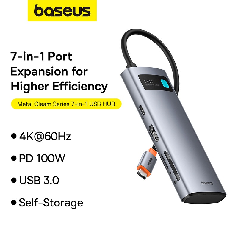 Baseus Metal Gleam Series HUB 7-in-1 สีเทา Space Grey ใหม่ Type-C to HDMI 4K@60Hz ×1 + USB 3.0 ×3 + 