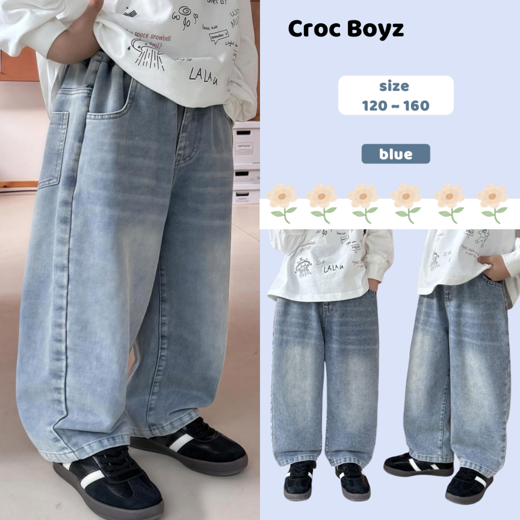 Croc Boyz พร้อมส่ง กางเกงขายาวเด็ก กางเกงยีนส์เด็กผู้ชาย ขาทรงตรงหลวมๆ สไตล์เกาหลี ลำลองแฟชั่น ไซส์ 120-160