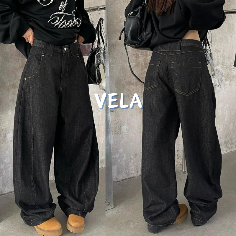Vela-กางเกงยีนส์ผู้ชาย ขายาว ยอเมริกัน หลวม เอวสูง ทรงหลวม ขากว้างทรงตรง baggy jeans กระบอกใหญ่
