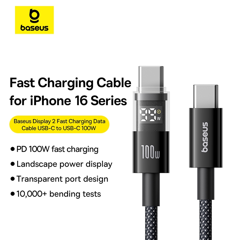 Baseus 100W USB-C ถึง Type-C จอแสดงผลดิจิตอล Fast Charging สายเคเบิลข้อมูลไนลอนพร้อมพอร์ตโปร่งใส Deisgn สําหรับโทรศัพท์ 15 16 Pro Max Series แล็ปท็อป