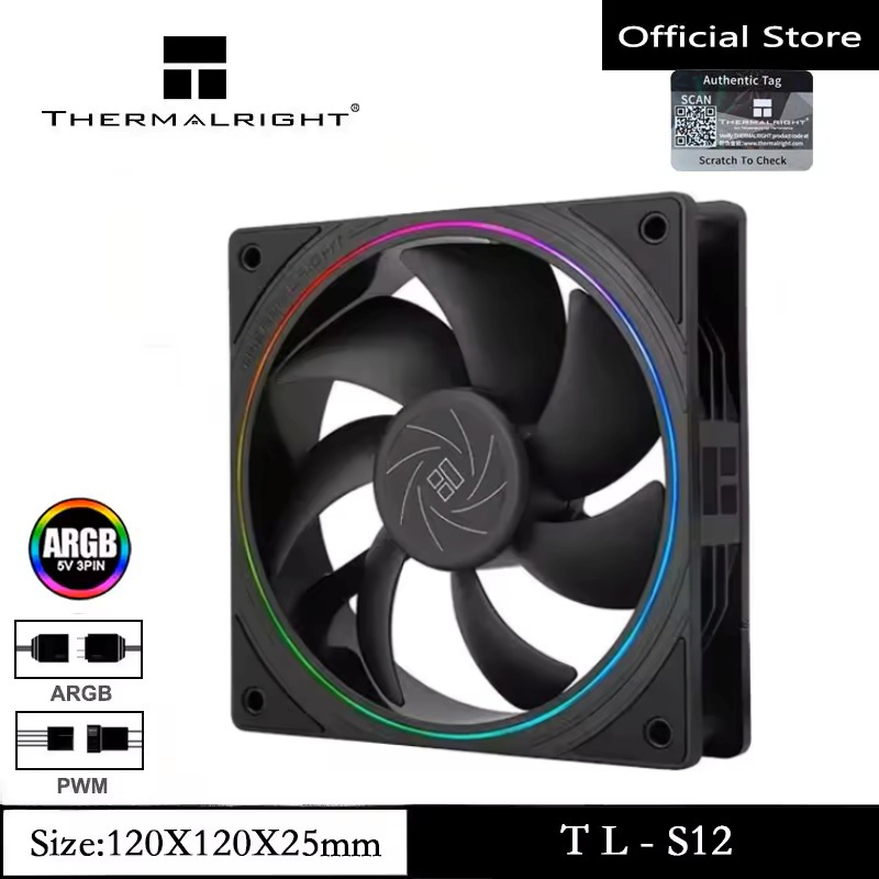 Thermalright TL-S12 ARGB Case Fan CPU Fan 120mm Cooler Fan 1500RPM ความเร็ว PWM พัดลมเงียบพัดลมคอมพิวเตอร์ CPU พัดลมระบายความร้อนสีดํา