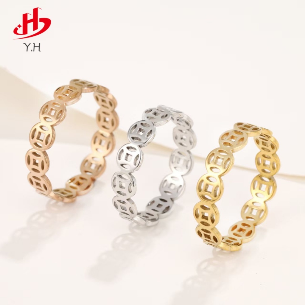 ⭐Y.H⭐ เหรียญเงิน โชคดีจัง สีทอง 18K แหวนสแตนเลส