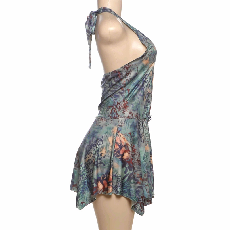 แปลก Puss แฟชั่นพิมพ์มินิเดรสผู้หญิง Halter ลึก V คอเซ็กซี่ Backless Ruched Ruffles Hem แนวโน้มวันหยุด Beach Party ชุด - รูปที่ 6