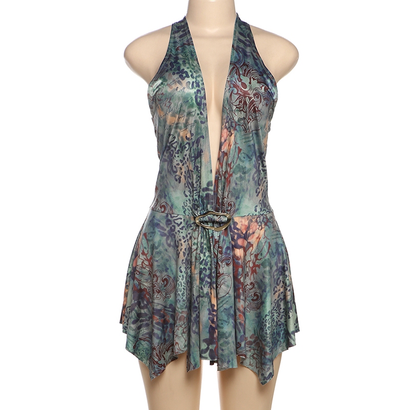 แปลก Puss แฟชั่นพิมพ์มินิเดรสผู้หญิง Halter ลึก V คอเซ็กซี่ Backless Ruched Ruffles Hem แนวโน้มวันหยุด Beach Party ชุด - รูปที่ 5