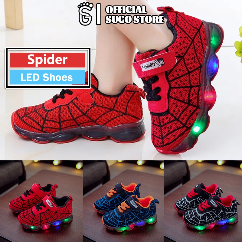 SUGE รองเท้าสไปเดอร์แมน LED กระพริบ รองเท้าผ้าใบเด็กผู้ชาย