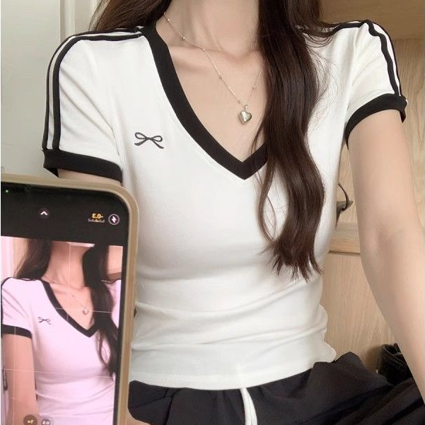 เสื้อยืดคอวีแขนสั้น กระชับสัดส่วนสตรี สไตล์เกาหลี ใส่เซ็กซี่