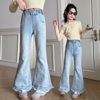 กางเกงยีนส์เด็กผู้หญิง กางเกงเด็ก ขาม้า เอวยางยืด บูต ตัด แฟ…