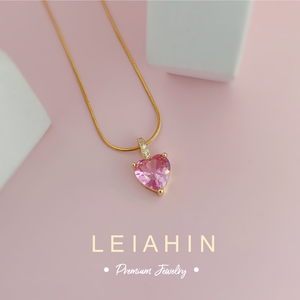 LEIAHIN สร้อยคอแฟชั่นสำหรับผู้หญิง จี้เพทายสีชมพู เครื่องประดับเกาหลี