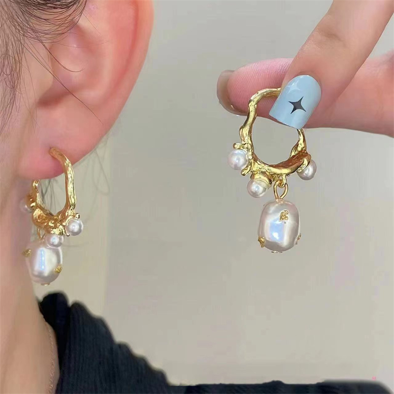 Gmail Vintage Alloy Lava Pearl Flower Earrings ต่างหูแฟชั่นสำหรับวันหยุดและ.party