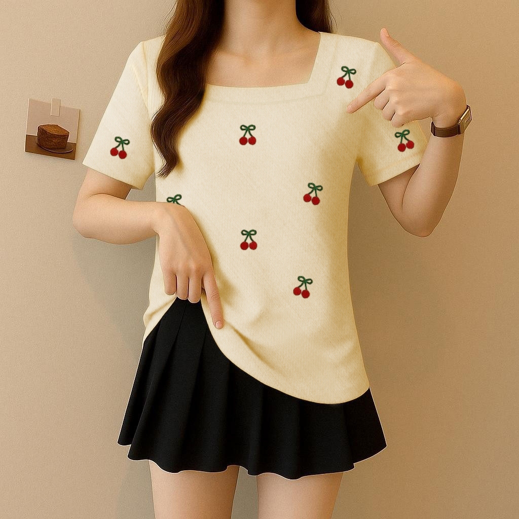 Plus Size(40-150kg) French Women Square Neck Cherry Print T-Shirt Oversize Short Sleeves T Shirt