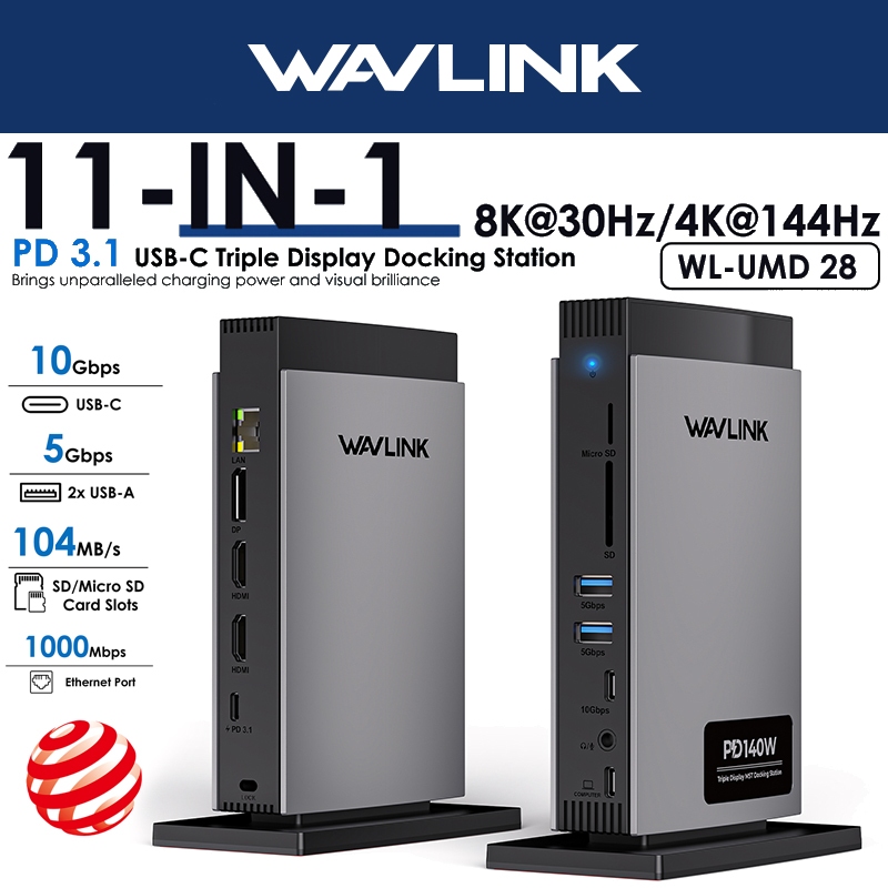 Wavlink USB C Docking Station 8K Dual Displayport+ 8K HDMI 140W PD RJ45, 10G USB-C SD/TF Slot, เสียง