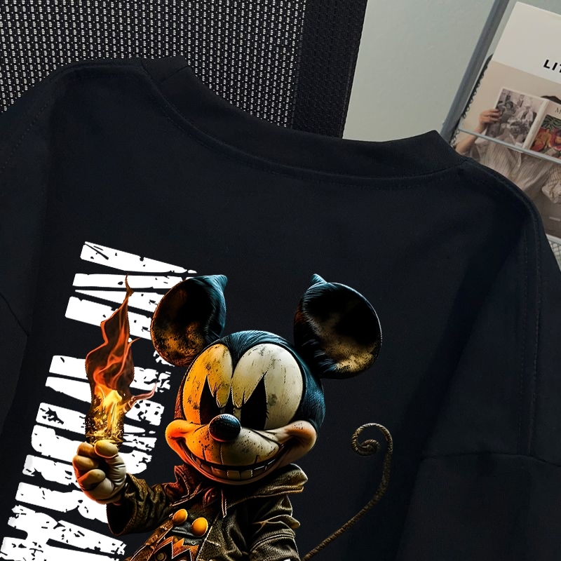 【พร้อมส่ง】🔥NASA ผ้าฝ้ายแท้100% เสื้อ คอกลม ทรงโอเวอร์ไซส์ เสื้อยืด ใส่ได้ทั้งชายหญิง🖤ลายพิมพ์หนูสีดำYG916 - รูปที่ 2