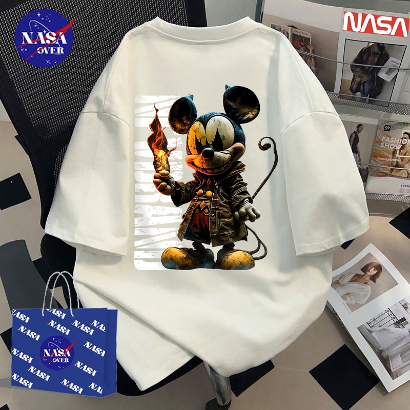 【พร้อมส่ง】🔥NASA ผ้าฝ้ายแท้100% เสื้อ คอกลม ทรงโอเวอร์ไซส์ เสื้อยืด ใส่ได้ทั้งชายหญิง🖤ลายพิมพ์หนูสีดำYG916 - รูปที่ 5