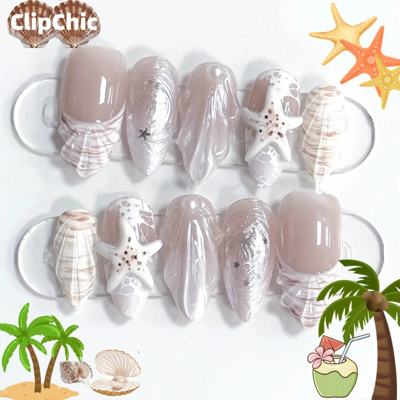 10ชิ้น3ง แฮนด์เมดโปแลนด์เล็บฤดูร้อนเล็บปลอมยาวกดบนเล็บเล็บปลอมธรรมชาติพร้อมฟรี4ใน1ชุด