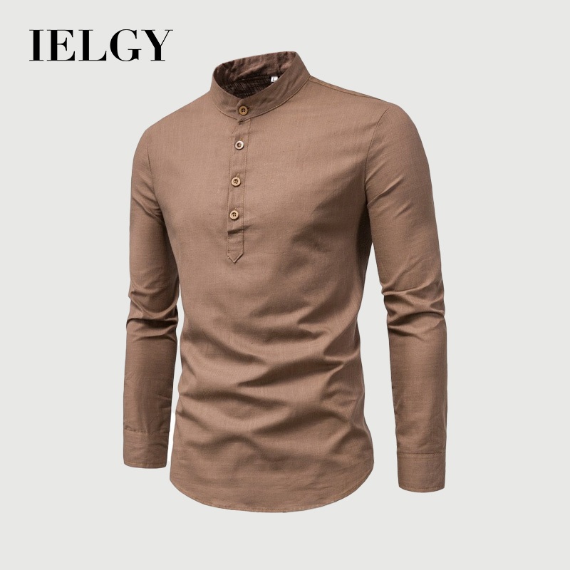 IELGY ผู้ชายคลาสสิกสีทึบสบายๆบางคอปกแขนยาวธุรกิจเสื้อผู้ชาย